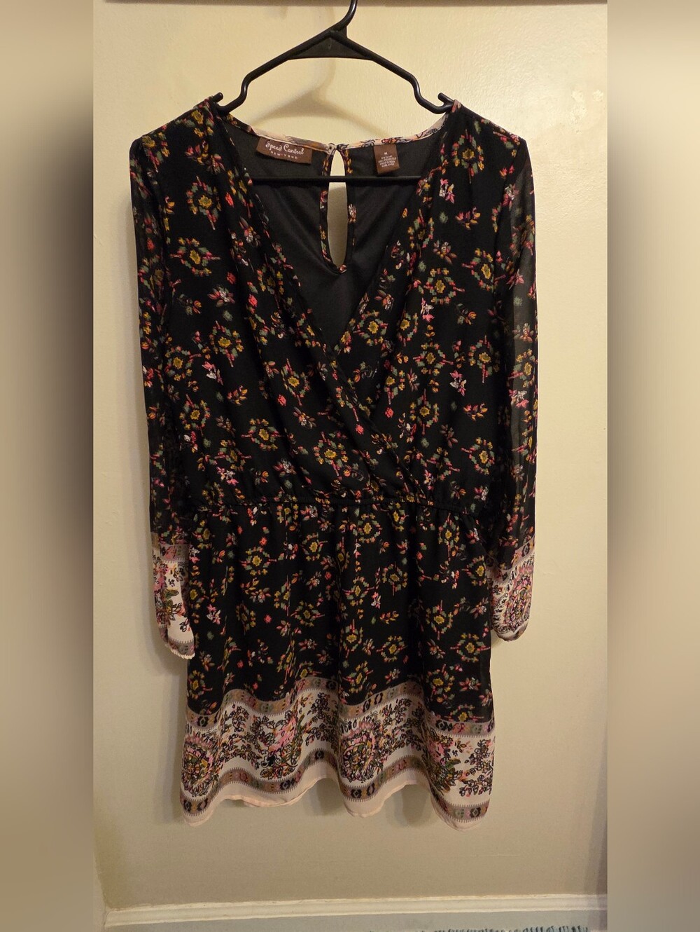 Speed Control NY Boho Chic Festival Geo Floral Sheer Sleeve Lined Mini Dress M